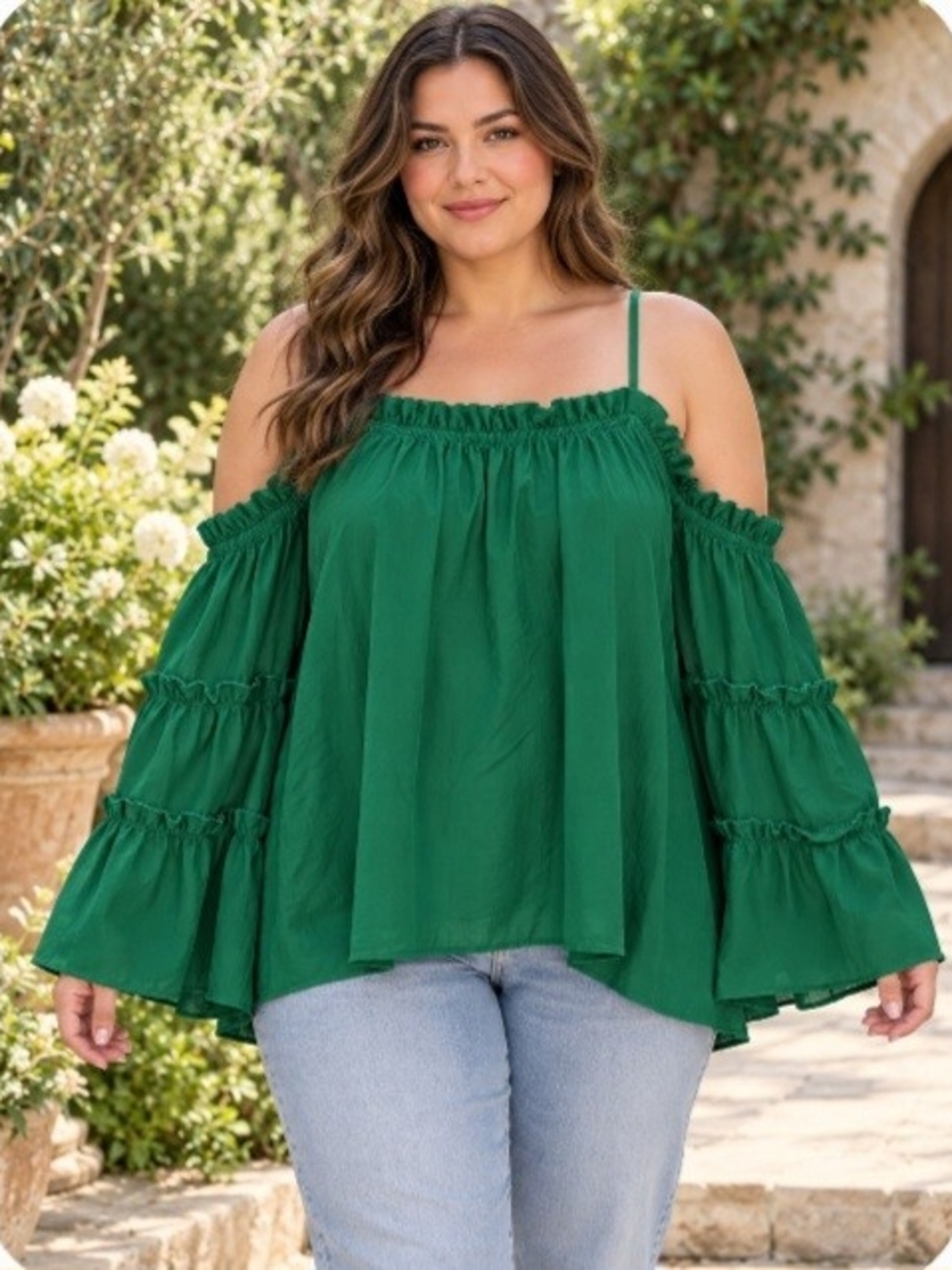 Kara & Kate Boutique Emerald Green Cold Shoulder Ruffle Sleeve Blouse NWOT Large
